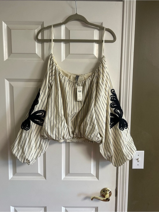 Anthropologie Tops - Striped Cream Off-Shoulder Balloon Sleeve Top with Black Embroidery